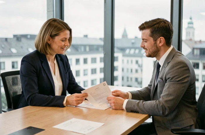 Consultante en recrutement et candidat discutant d'un CV dans une agence de placement en Suisse