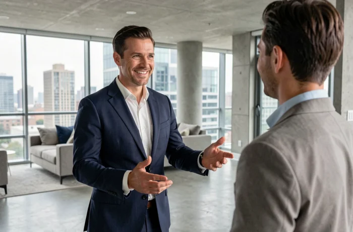 Agent immobilier présentant un appartement moderne à un acheteur potentiel en milieu urbain