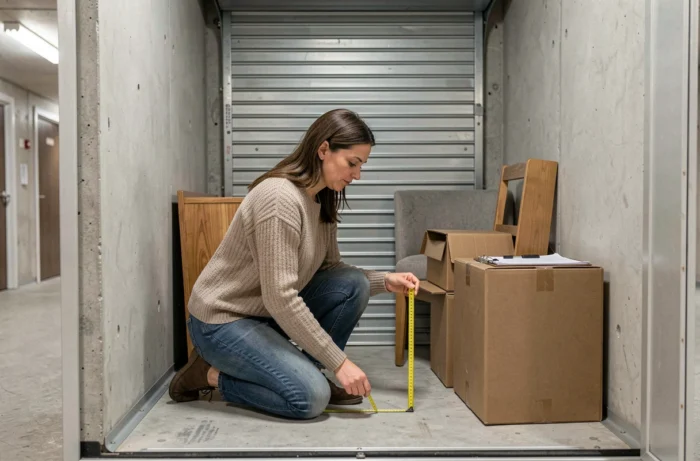 Femme mesurant l'intérieur d'un box de stockage vide pour ajuster la surface au volume de ses affaires