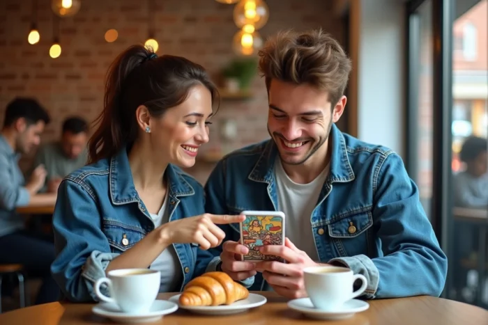 Deux amis découvrant des offres et réductions Webtoon sur smartphone dans un café