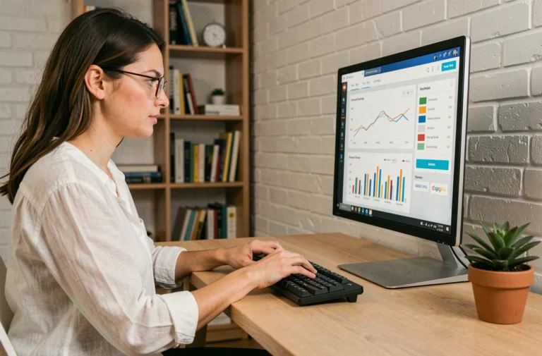 Une professionnelle analysant des données SEO sur un écran d'ordinateur dans un bureau moderne