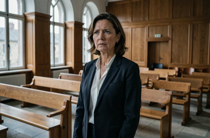 Une femme en veste sombre debout dans une salle d'audience française, incarnant la tension d'un thriller judiciaire comme Anatomie d'une chute