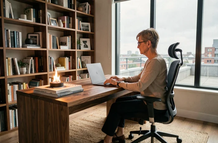 Bureau à domicile élégant avec un appareil Archiflam de table en bois de noyer, femme assise travaillant sur ordinateur portable entourée d'étagères design