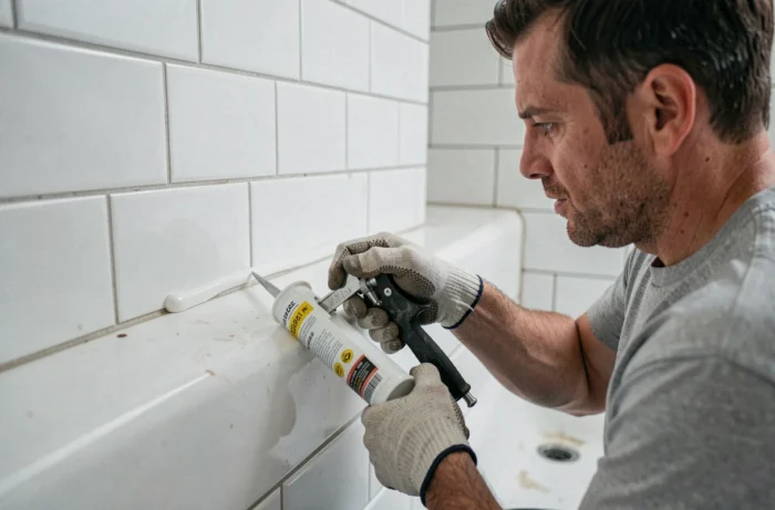 Artisan appliquant un joint acrylique blanc entre une baignoire et un carrelage mural avec un pistolet à calfeutrer