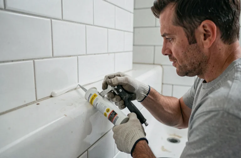 Artisan appliquant un joint acrylique blanc entre une baignoire et un carrelage mural avec un pistolet à calfeutrer