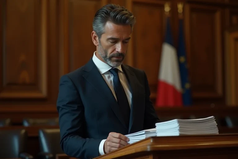 Avocat en robe consultant des documents juridiques dans une salle d'audience française, illustrant l'article 31 du Code de procédure civile sur la qualité à agir en justice