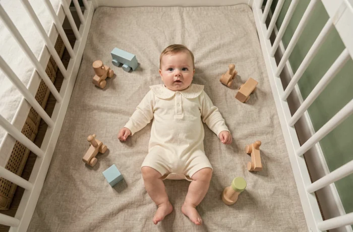 Bébé habillé en combinaison en coton ivoire avec col brodé, allongé sur un tapis en lin dans une chambre de style scandinave