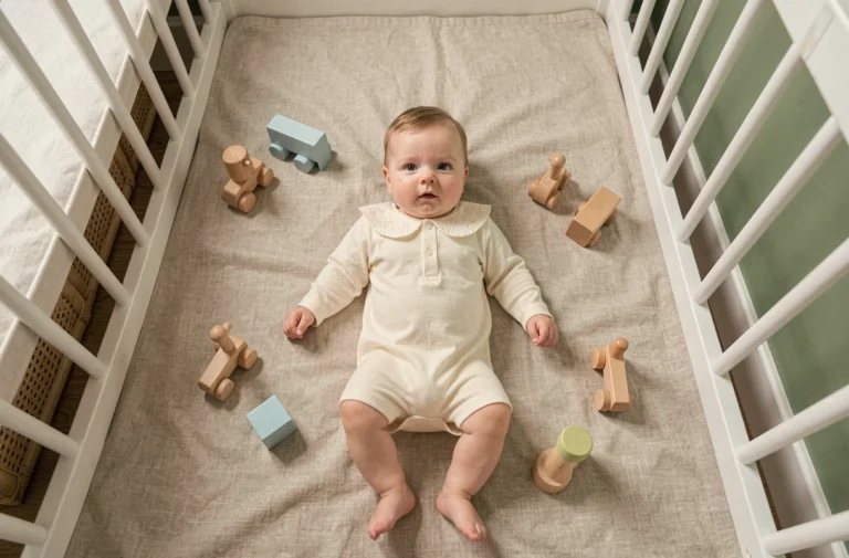 Bébé habillé en combinaison en coton ivoire avec col brodé, allongé sur un tapis en lin dans une chambre de style scandinave