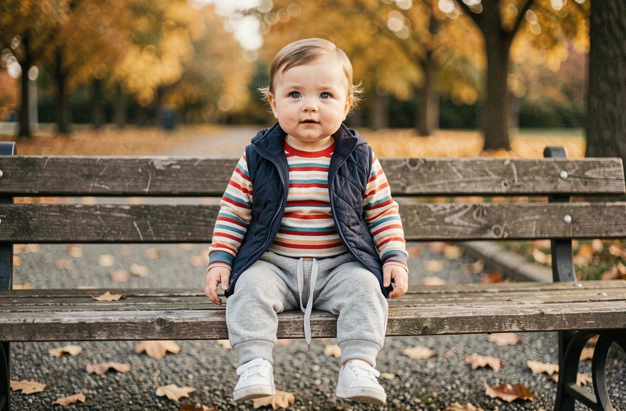 Bébé assis sur un banc en bois dans un parc en automne, habillé d'une tenue superposée avec gilet matelassé bleu marine et jogging gris