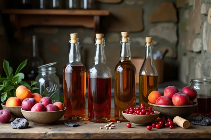 Bouteilles d'alcool neutre et fruits frais disposés sur une table en bois pour la préparation de fruits maison