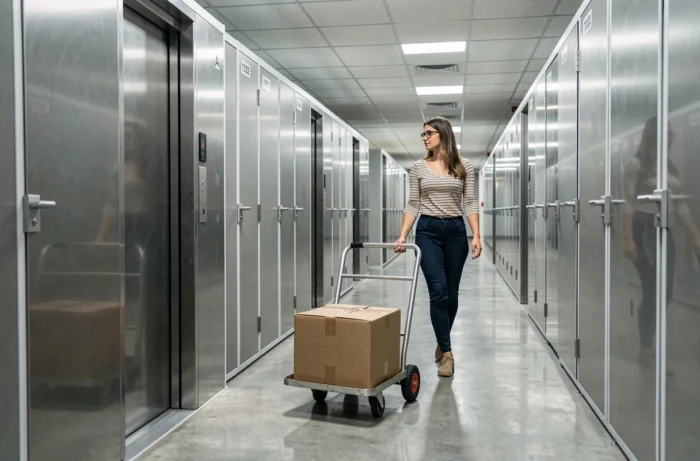 Femme arrivant à l'étage d'un centre de stockage avec un diable et des cartons pour accéder à un box en hauteur