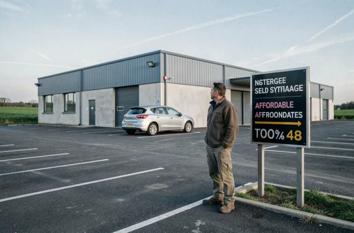 Homme devant un centre de stockage en périphérie urbaine avec grand parking et tarifs affichés