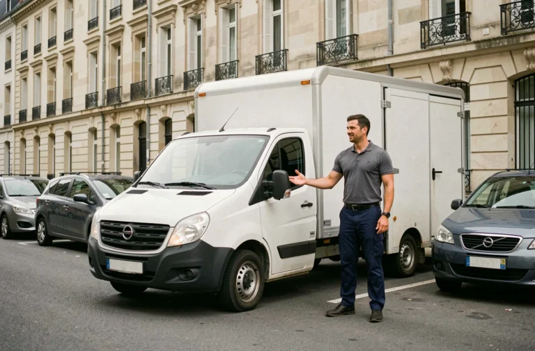 Professionnel du déménagement debout devant un camion 6m3 blanc dans une rue résidentielle française, illustrant les dimensions du véhicule