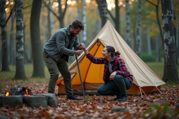 Deux randonneurs installant une tente en toile dans une clairière forestière lors d'un bivouac en nature