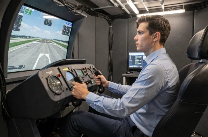 Candidat pilote concentré aux commandes d'un simulateur de vol lors d'une séance d'entraînement dans une école de pilotage professionnelle