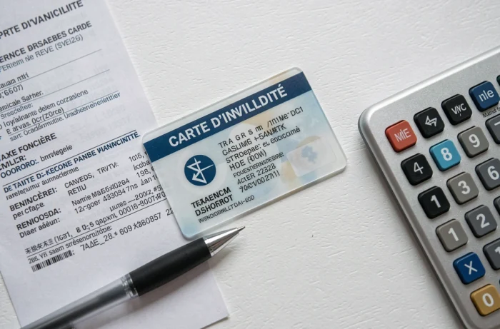 Vue de dessus d'une carte d'invalidité posée sur un avis de taxe foncière avec stylo et calculatrice, illustration des exonérations fiscales