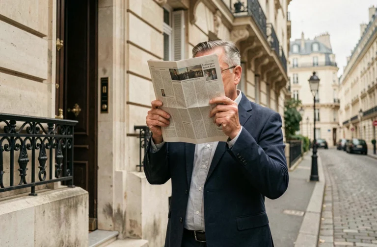 Animateur télévision protégeant sa vie privée devant un immeuble parisien haussmannien