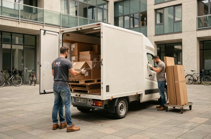 Deux hommes chargeant des meubles et des cartons dans un camion de déménagement 6m3 dans la cour d'un immeuble résidentiel moderne