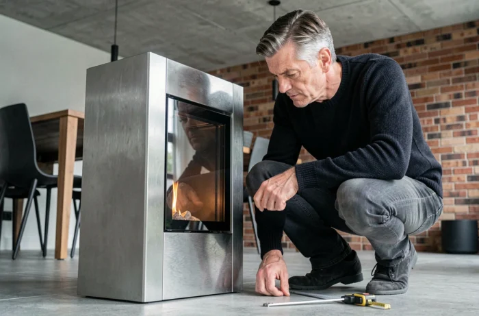 Cheminée bioéthanol Archiflam autoportante en acier brossé dans une salle à manger contemporaine avec mur en brique apparente