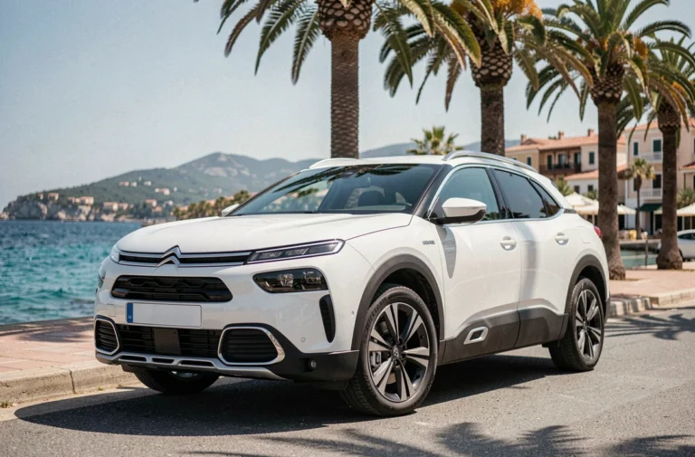 Nouvelle Citroën C5 X garée sur la Promenade des Anglais à Nice avec vue sur la Méditerranée