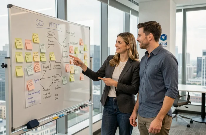 Deux collègues collaborant sur une stratégie SEO devant un tableau blanc dans une agence digitale