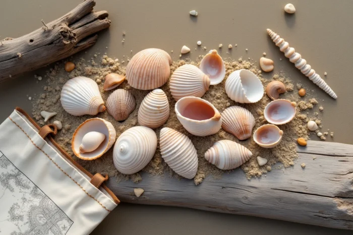 Collection de coquillages ramassés sur une plage des Landes disposés sur du bois flotté avec un sac et une carte marine