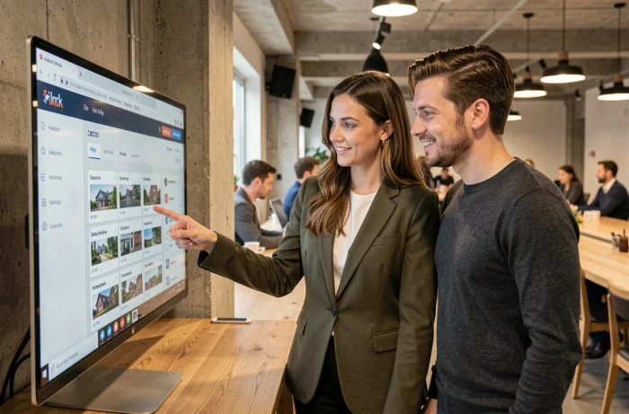 Deux collègues explorant ensemble l'interface de navigation d'un site immobilier sur un écran d'ordinateur en espace de coworking