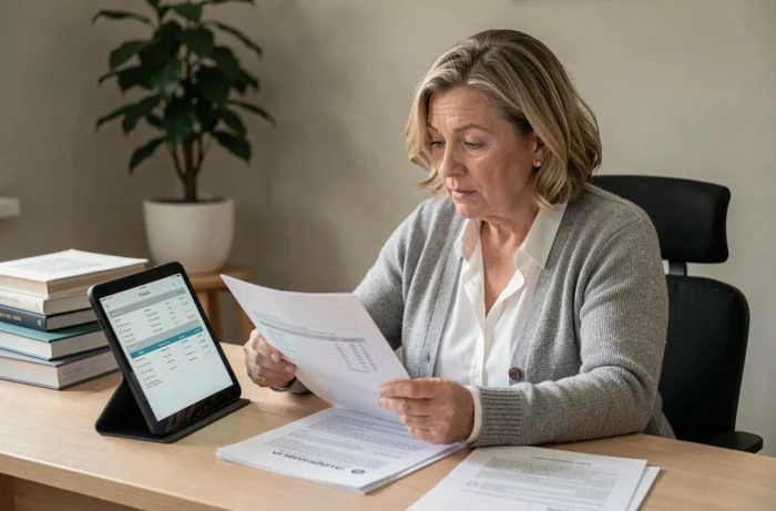 Femme comparant un bilan d'analyses imprimé avec les résultats Cydlab affichés sur une tablette dans un bureau à domicile
