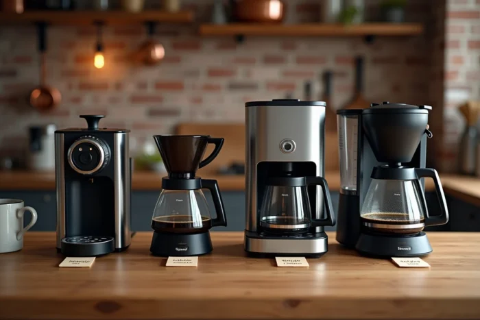 Comparaison de quatre types de machines à café posées sur une table en bois dans une cuisine chaleureuse