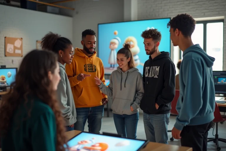Groupe d'étudiants en école d'animation 3D travaillant ensemble devant un écran affichant un personnage 3D dans un studio moderne