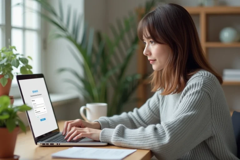 Femme connectée à son compte utilisateur en ligne sur un ordinateur portable dans un bureau à domicile