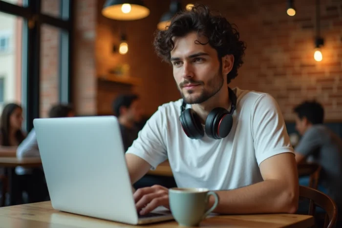 Jeune homme se connectant à son espace personnel en ligne depuis un café avec un ordinateur portable