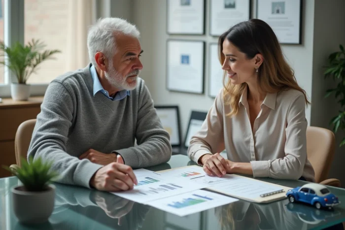 Conseiller financier et client discutant des options de financement automobile avec des documents budgétaires sur une table