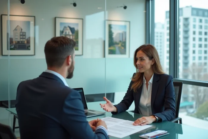 Conseillère en assurance immobilière présentant des garanties à un propriétaire dans une agence