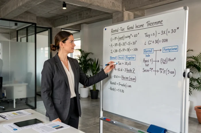 Conseillère financière présentant des stratégies d'optimisation fiscale immobilière sur un tableau blanc dans un espace de coworking moderne