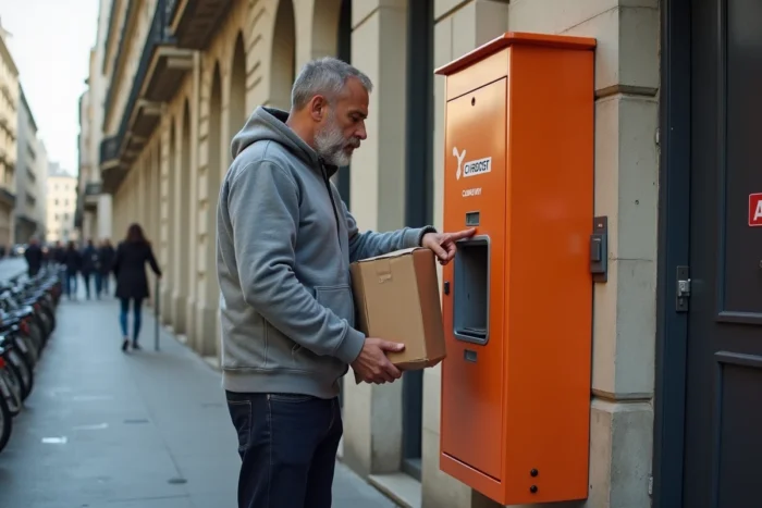 Homme utilisant une consigne automatique Chronopost en rue pour déposer un colis