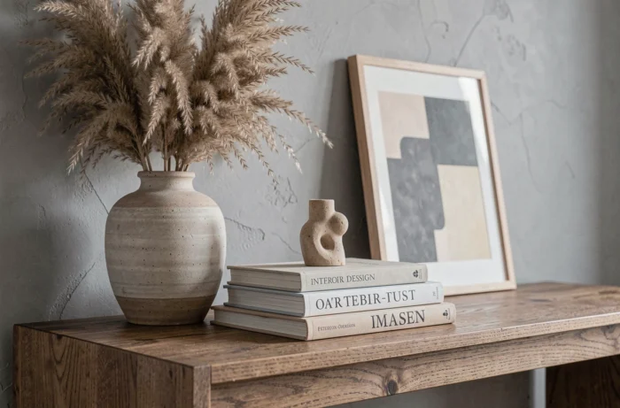 Console décorée avec un vase en céramique, herbes de pampa et livres de design dans un salon moderne