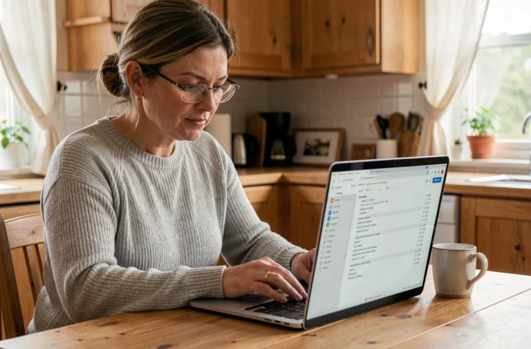 Femme consultant ses résultats d'analyses médicales en ligne sur un ordinateur portable à la maison