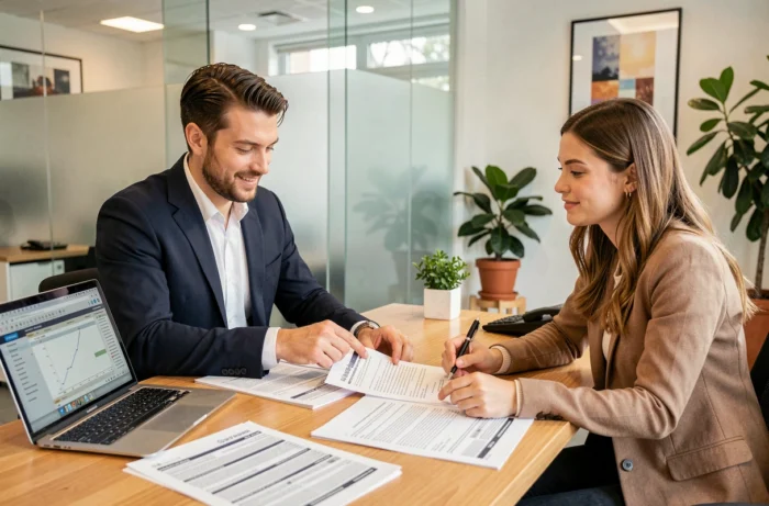 Couple discutant d'un crédit immobilier avec un conseiller bancaire dans une agence moderne