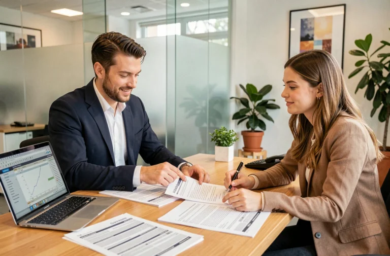 Couple discutant d'un crédit immobilier avec un conseiller bancaire dans une agence moderne