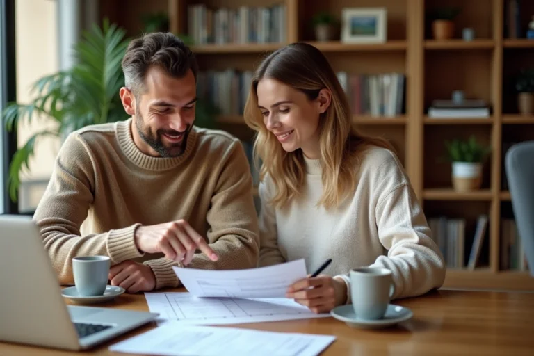 Couple examinant des documents d'assurance immobilière à une table en bois dans un appartement moderne