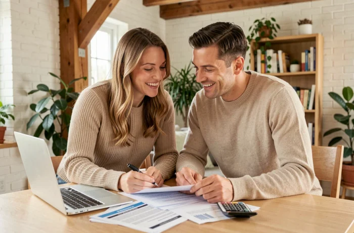 Couple planifiant un investissement immobilier avec des documents et un ordinateur portable à la maison