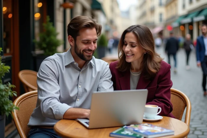 Couple planifiant un itinéraire de voyage avec le service IA Michelin sur laptop dans un café parisien