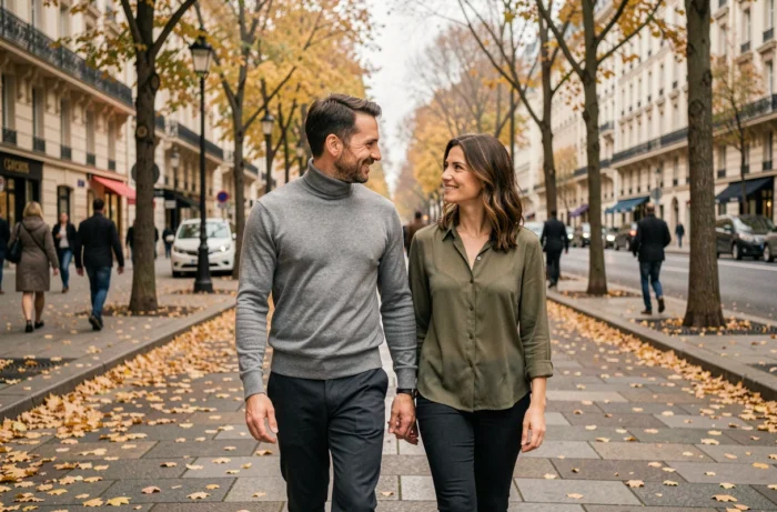 Couple élégant se promenant sur un boulevard parisien en automne, feuilles dorées au sol et façades haussmanniennes en arrière-plan
