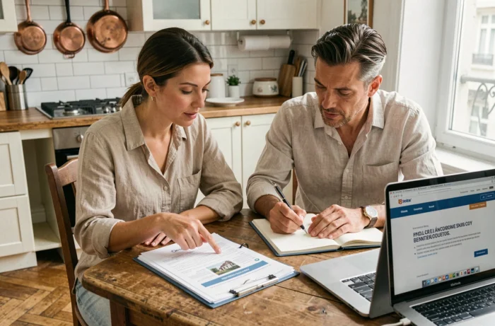 Couple de propriétaires analysant leur dossier fiscal immobilier et leurs revenus locatifs autour d'une table dans un appartement parisien