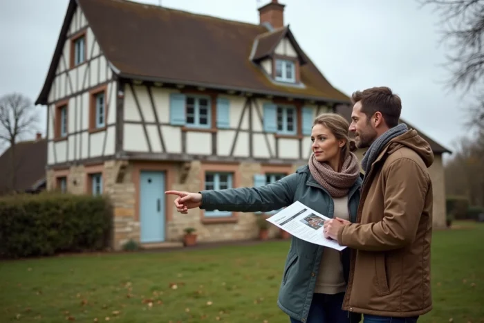 Couple visitant une ferme normande à colombages à vendre avec une fiche de présentation immobilière