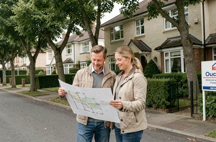 Couple examinant les plans d'un bien immobilier devant une maison à vendre en banlieue