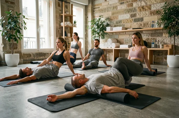Cours collectif de Pilates au sol dans un studio haut de gamme du 8ème arrondissement parisien avec plusieurs participants