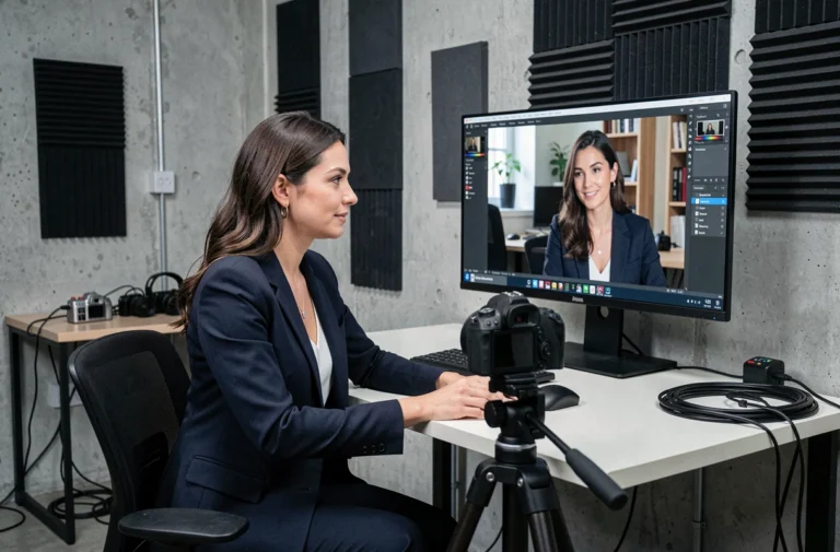 Professionnelle de la vidéo en studio révisant des séquences sur un écran de montage pour une communication d'entreprise