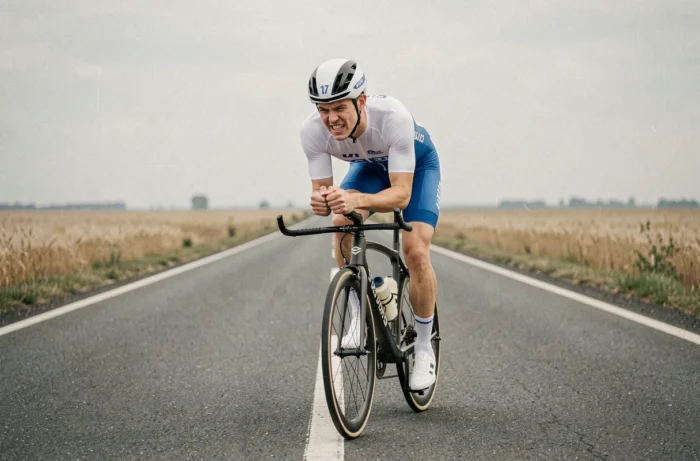 Cycliste en position aérodynamique sur une route rectiligne lors d'un contre-la-montre, représentant les limites de la vitesse humaine